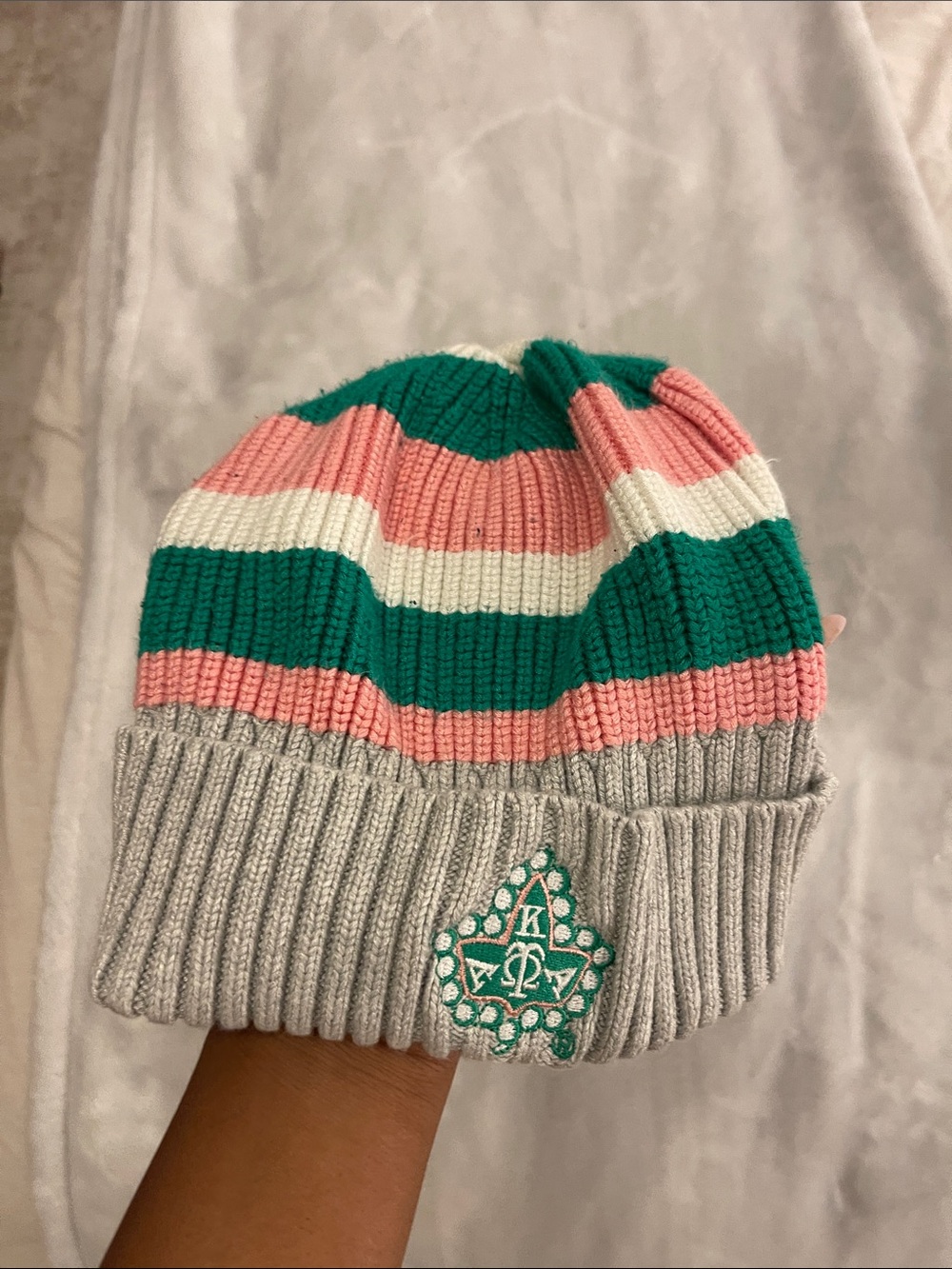 AKA Striped Knit Beanie - Pink, Green & White